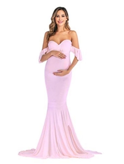 JustVH Maternity Off Shoulder Ruffle Sleeves Elegant Fitted Gown Maxi Photography Dress for Photo Shoot Baby Shower