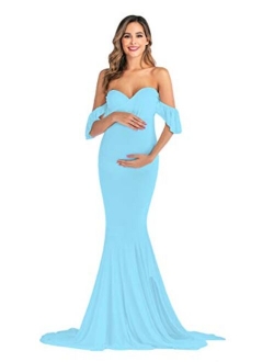 JustVH Maternity Off Shoulder Ruffle Sleeves Elegant Fitted Gown Maxi Photography Dress for Photo Shoot Baby Shower