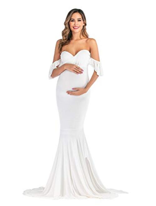 JustVH Maternity Off Shoulder Ruffle Sleeves Elegant Fitted Gown Maxi Photography Dress for Photo Shoot Baby Shower