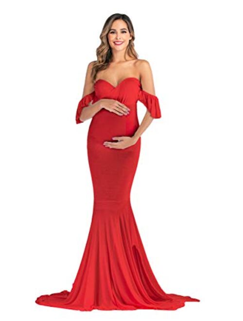 JustVH Maternity Off Shoulder Ruffle Sleeves Elegant Fitted Gown Maxi Photography Dress for Photo Shoot Baby Shower