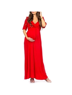 Women's Ruffle Neckline Maternity Dress with Adjustable Belt