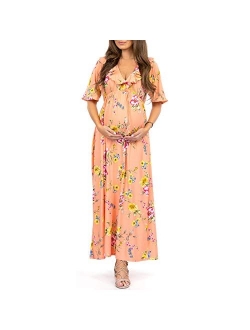 Women's Ruffle Neckline Maternity Dress with Adjustable Belt