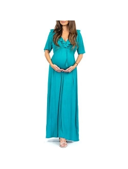 Women's Ruffle Neckline Maternity Dress with Adjustable Belt