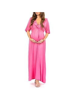 Women's Ruffle Neckline Maternity Dress with Adjustable Belt