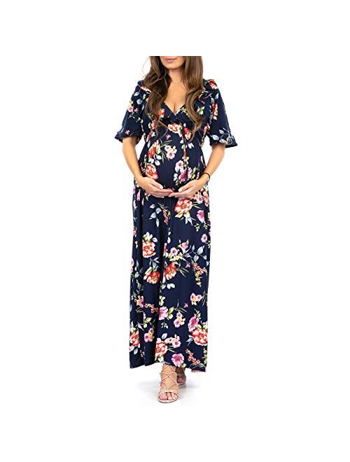 Mother Bee Maternity Women's Ruffle Neckline Maternity Dress with Adjustable Belt