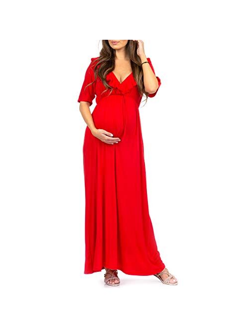 Mother Bee Maternity Women's Ruffle Neckline Maternity Dress with Adjustable Belt