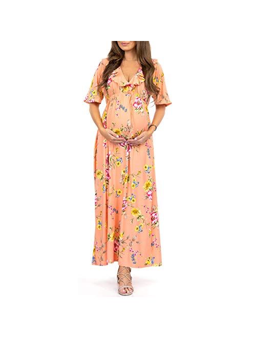 Mother Bee Maternity Women's Ruffle Neckline Maternity Dress with Adjustable Belt