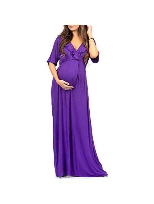 Mother Bee Maternity Women's Ruffle Neckline Maternity Dress with Adjustable Belt