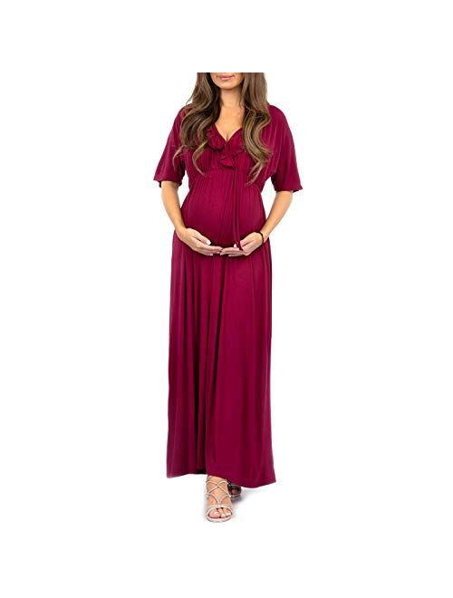 Mother Bee Maternity Women's Ruffle Neckline Maternity Dress with Adjustable Belt