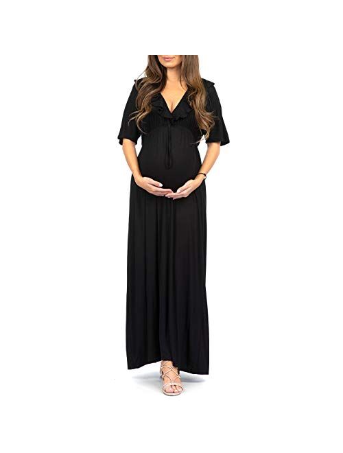 Mother Bee Maternity Women's Ruffle Neckline Maternity Dress with Adjustable Belt