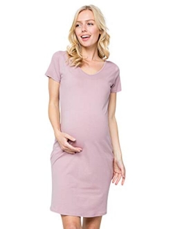 My Bump Women Maternity Clothes Shirt Dress - Organic Cotton Basic Summer Stretch V Neck Short Sleeve Made in USA