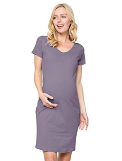 My Bump Women Maternity Clothes Shirt Dress - Organic Cotton Basic Summer Stretch V Neck Short Sleeve Made in USA