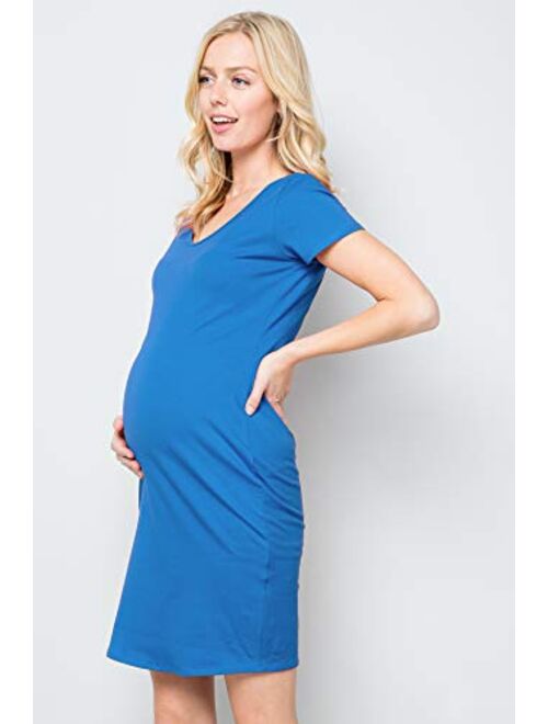 My Bump Women Maternity Clothes Shirt Dress - Organic Cotton Basic Summer Stretch V Neck Short Sleeve Made in USA