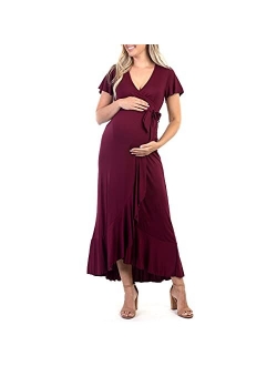 Women's Maternity Faux Wrap Butterfly Sleeve Dress with Ruffles