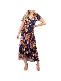 Women's Maternity Faux Wrap Butterfly Sleeve Dress with Ruffles