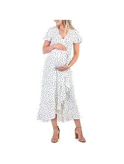 Women's Maternity Faux Wrap Butterfly Sleeve Dress with Ruffles