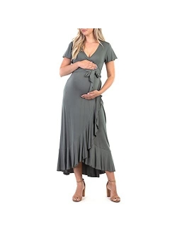 Women's Maternity Faux Wrap Butterfly Sleeve Dress with Ruffles