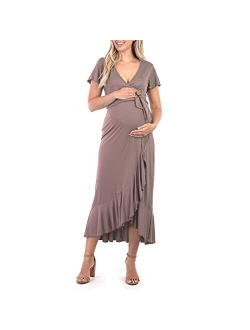 Women's Maternity Faux Wrap Butterfly Sleeve Dress with Ruffles