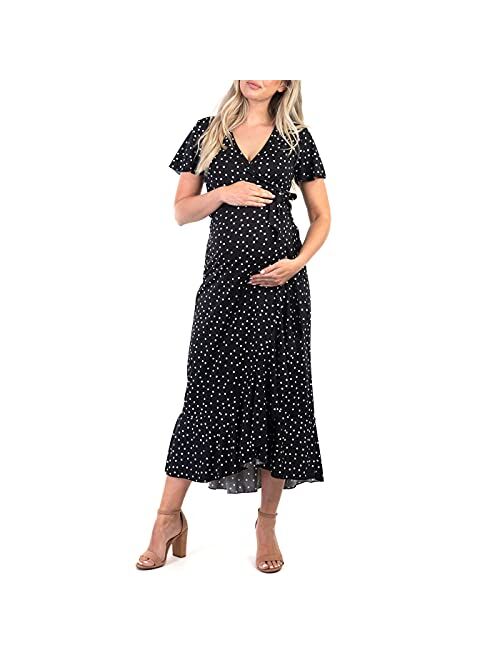 Mother Bee Maternity Women's Maternity Faux Wrap Butterfly Sleeve Dress with Ruffles