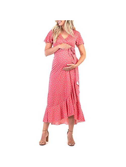 Mother Bee Maternity Women's Maternity Faux Wrap Butterfly Sleeve Dress with Ruffles