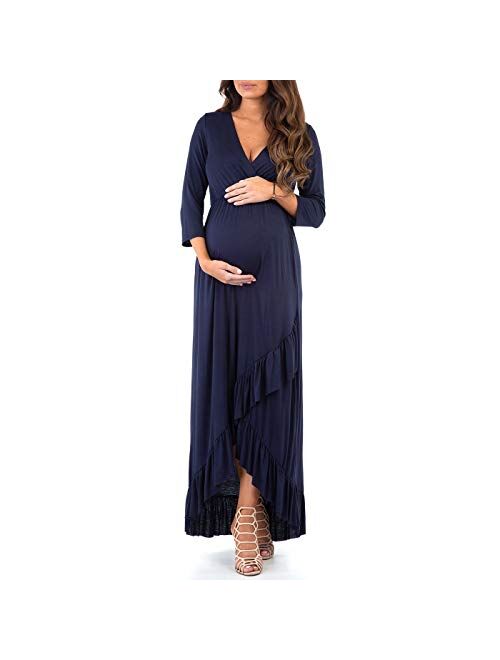 Mother Bee Maternity Women's 3/4 Sleeve Faux Wrap Maternity Dress