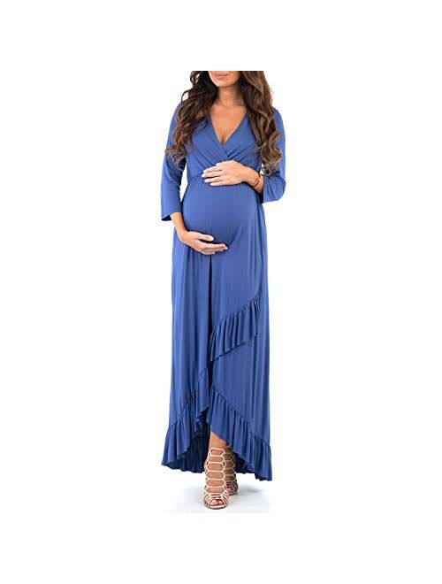 Mother Bee Maternity Women's 3/4 Sleeve Faux Wrap Maternity Dress