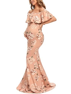 Glampunch Womens Off Shoulder Maternity Dress Ruffles Elegant Slim Gowns Fit Maxi Photography Dress