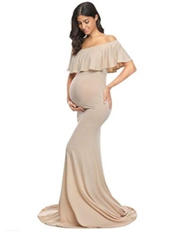 Glampunch Womens Off Shoulder Maternity Dress Ruffles Elegant Slim Gowns Fit Maxi Photography Dress