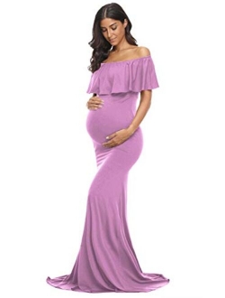 Glampunch Womens Off Shoulder Maternity Dress Ruffles Elegant Slim Gowns Fit Maxi Photography Dress