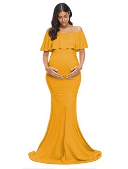 Glampunch Womens Off Shoulder Maternity Dress Ruffles Elegant Slim Gowns Fit Maxi Photography Dress