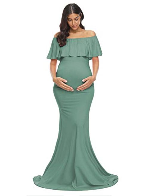 Glampunch Womens Off Shoulder Maternity Dress Ruffles Elegant Slim Gowns Fit Maxi Photography Dress