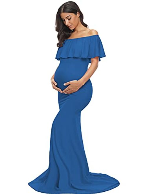 Glampunch Womens Off Shoulder Maternity Dress Ruffles Elegant Slim Gowns Fit Maxi Photography Dress