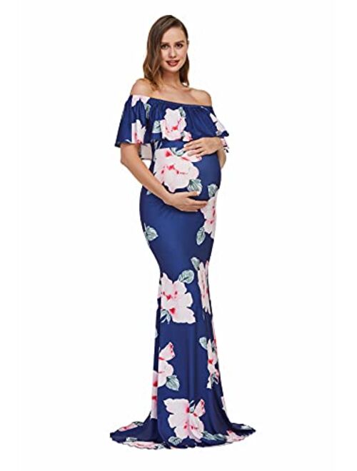 Glampunch Womens Off Shoulder Maternity Dress Ruffles Elegant Slim Gowns Fit Maxi Photography Dress