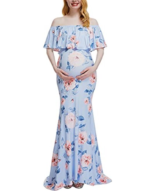 Glampunch Womens Off Shoulder Maternity Dress Ruffles Elegant Slim Gowns Fit Maxi Photography Dress