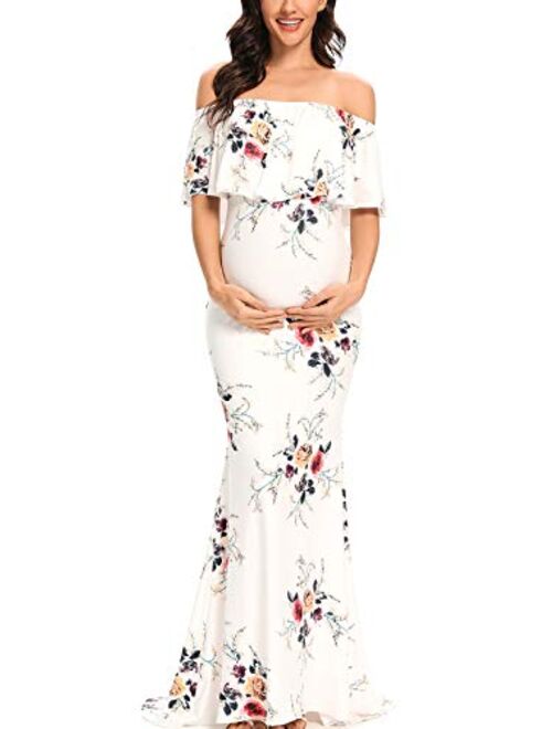 Glampunch Womens Off Shoulder Maternity Dress Ruffles Elegant Slim Gowns Fit Maxi Photography Dress