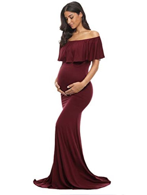 Glampunch Womens Off Shoulder Maternity Dress Ruffles Elegant Slim Gowns Fit Maxi Photography Dress