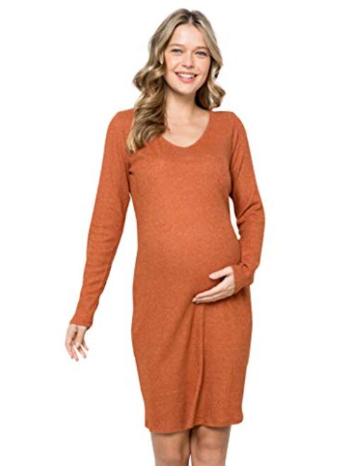 My Bump Women Maternity Clothes Sweater Dress - Ultra Soft Stretch Knit V Neck Long Sleeve Warm Midi Bodycon Made in USA