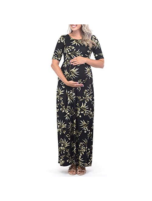 Mother Bee Maternity Women's Short Sleeve Ruched Maternity Dress With Pockets