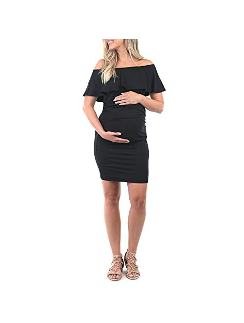 Mother Bee Maternity Sleeveless Bodycon Ruched Dress with Ruffles