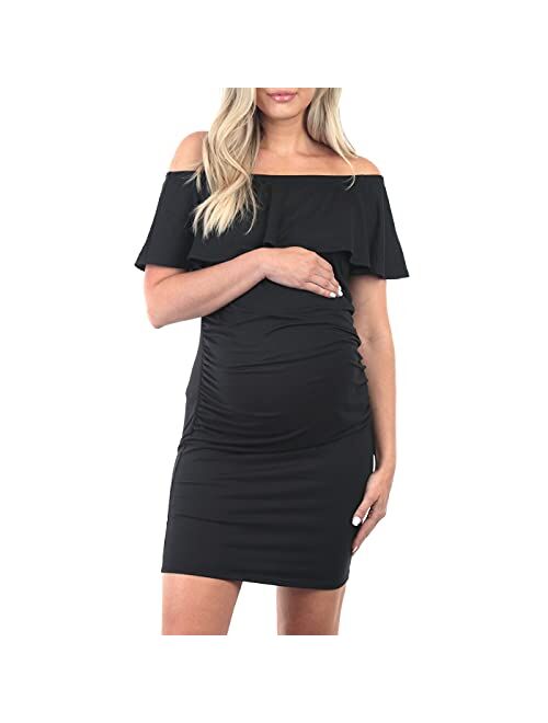 Mother Bee Maternity Sleeveless Bodycon Ruched Dress with Ruffles