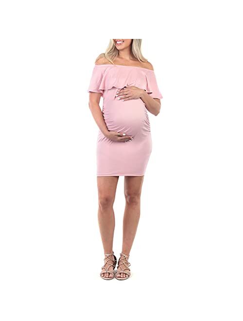 Mother Bee Maternity Sleeveless Bodycon Ruched Dress with Ruffles