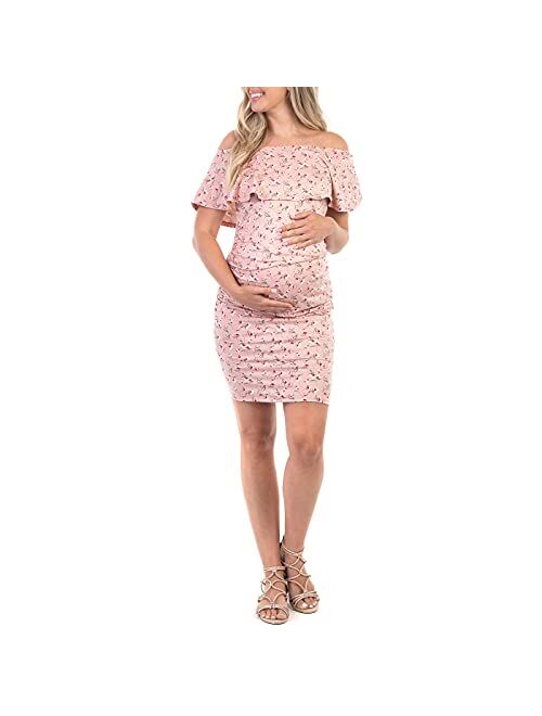 Mother Bee Maternity Sleeveless Bodycon Ruched Dress with Ruffles