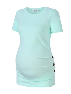 Coolmee Maternity Shirt Side Button and Ruched Maternity Tunic Tops Maternity Short Sleeve T-Shirts