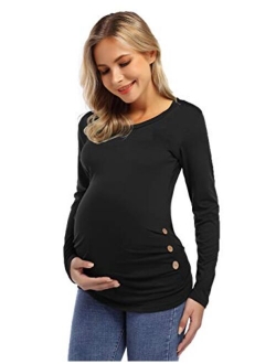 Coolmee Maternity Shirt Side Button and Ruched Maternity Tunic Tops Maternity Short Sleeve T-Shirts