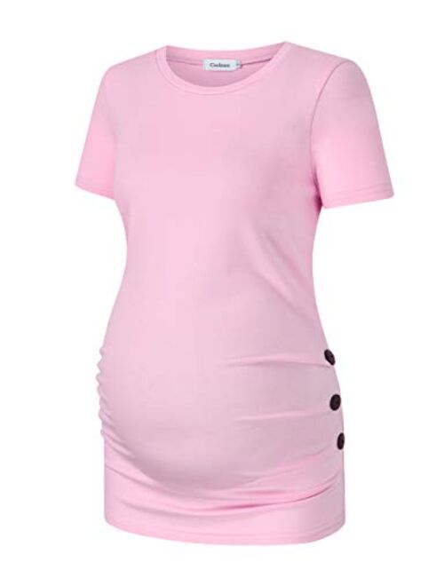 Coolmee Maternity Shirt Side Button and Ruched Maternity Tunic Tops Maternity Short Sleeve T-Shirts