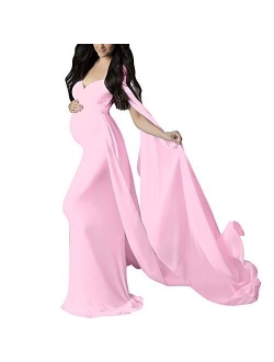 OLEMEK Women's Off Shoulder Elegant Fitted Maternity Gown Chiffon Flare Cape Sleeve Slim Fit Maxi Photography Dress for Baby Shower