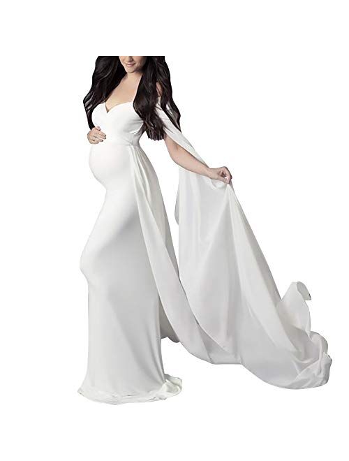 OLEMEK Women's Off Shoulder Elegant Fitted Maternity Gown Chiffon Flare Cape Sleeve Slim Fit Maxi Photography Dress for Baby Shower