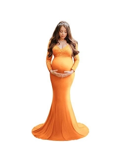 OLEMEK Women Off Shoulder Lace Maxi Maternity Dress Long Puff Sleeve V Neck Elegant Slim Fit Gown Split Pregnancy Photography Dress