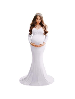 OLEMEK Women Off Shoulder Lace Maxi Maternity Dress Long Puff Sleeve V Neck Elegant Slim Fit Gown Split Pregnancy Photography Dress