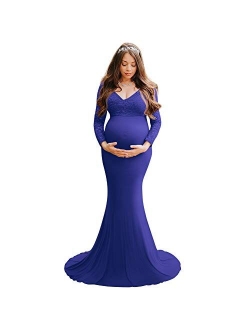 OLEMEK Women Off Shoulder Lace Maxi Maternity Dress Long Puff Sleeve V Neck Elegant Slim Fit Gown Split Pregnancy Photography Dress